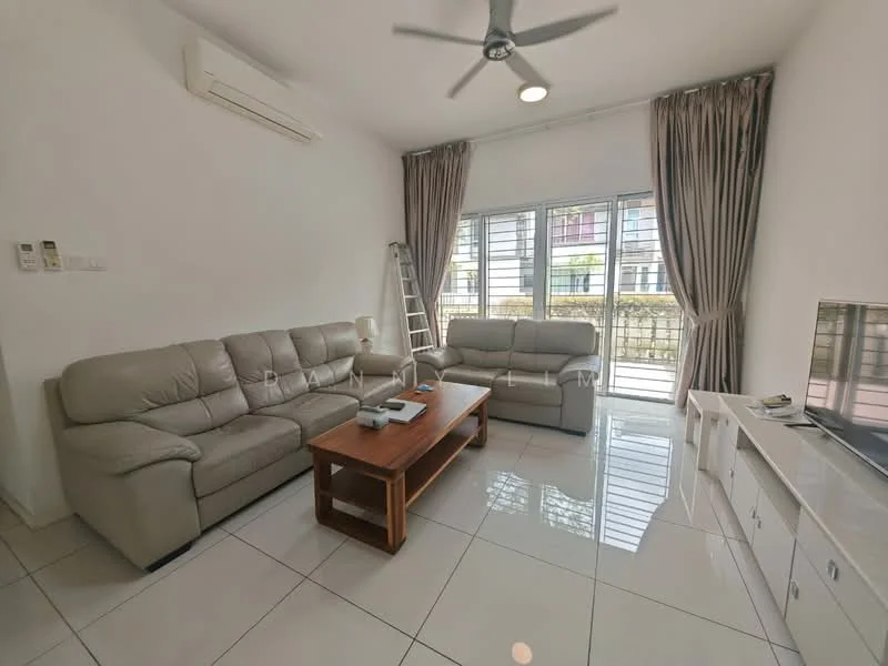 Living features: 3-seater leather sofa in light grey, 2-seater leather sofa in light grey, wood coffee table, TV console, wall-mounted TV, floor-to-ceiling windows, sheer curtains, white painted walls, glossy tile flooring, 1 wall-mounted split AC, ceiling fan with light, decorative ladder; style: modern; view: garden.