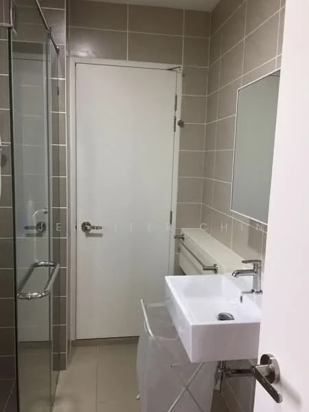 Bathroom features: glass shower enclosure, white wall-mounted sink, chrome basin mixer faucet, full-length mirror, white tiled walls, grey tiled flooring, toilet, wall-mounted towel rack; style: modern.