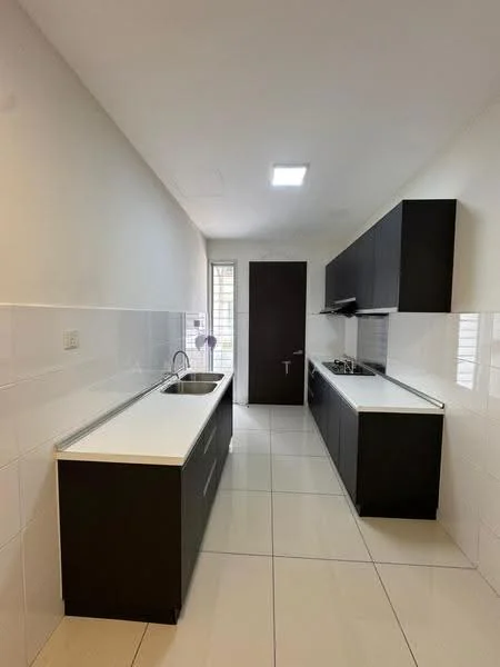 Kitchen features: black cabinetry, white countertop, single-bowl stainless-steel sink, chrome pull-down faucet, built-in oven, 4-burner gas hob, white tiled backsplash, white tiled flooring, recessed LED downlights, window for natural light; style: modern.