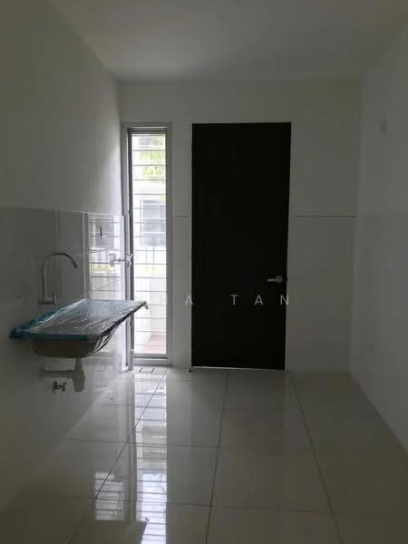 Laundry features: white painted walls, glossy white tile flooring, single-bowl stainless-steel sink, countertop with blue protective cover, window for natural light, dark wooden door.