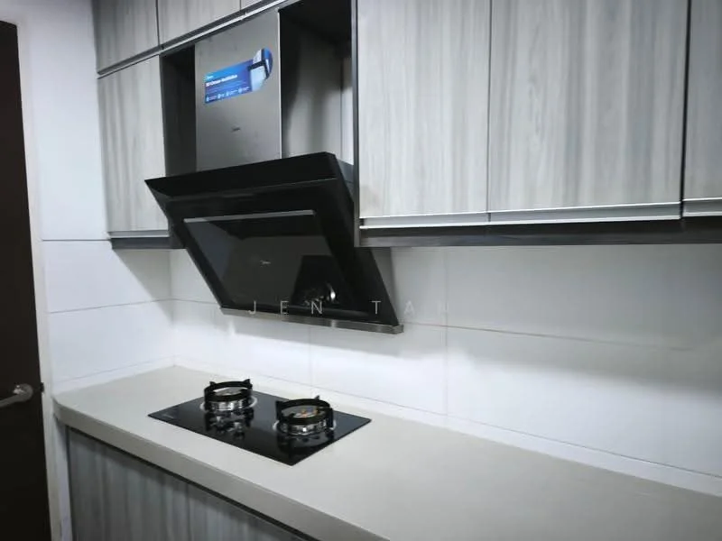 Kitchen features: grey laminate cabinetry, light grey countertop, black glass cooktop with two burners, black range hood, white tiled backsplash, wall-mounted kitchen hood, built-in oven, recessed lighting; style: modern.