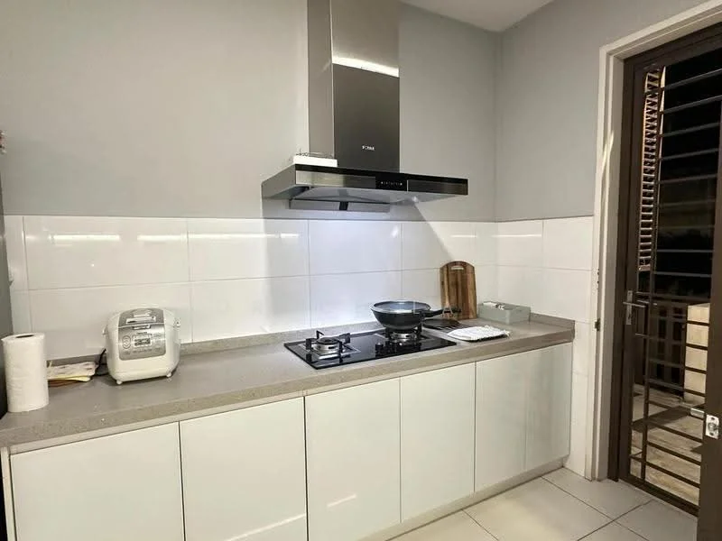 Kitchen features: white cabinetry, grey countertop, stainless-steel range hood, 4-burner gas hob, white tiled backsplash, built-in microwave, kitchen utensils on countertop, window with security bars; style: modern.