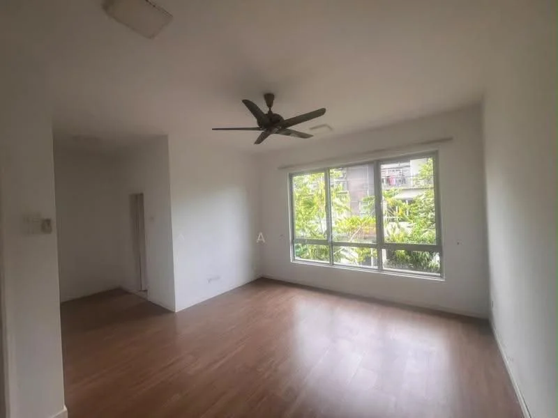 Living features: white painted walls, laminate flooring, 5-blade ceiling fan, large floor-to-ceiling windows, natural light, view of greenery; style: modern; view: garden.
