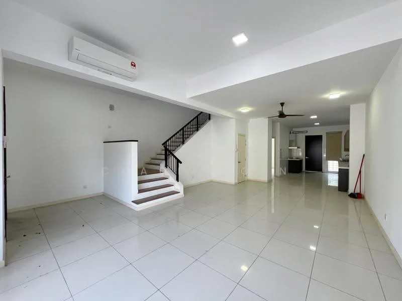 Living features: white painted walls, glossy ceramic tile flooring, recessed LED downlights, 5-blade ceiling fan, wall-mounted split AC, staircase with wooden steps, open layout, large windows for natural light; style: modern.