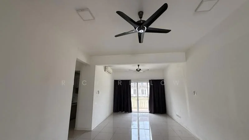 Living features: white painted walls, polished ceramic tile flooring, 5-blade ceiling fan with light, floor-to-ceiling windows, sliding glass door, blackout curtains, wall-mounted split AC, recessed downlights; style: modern; view: city.