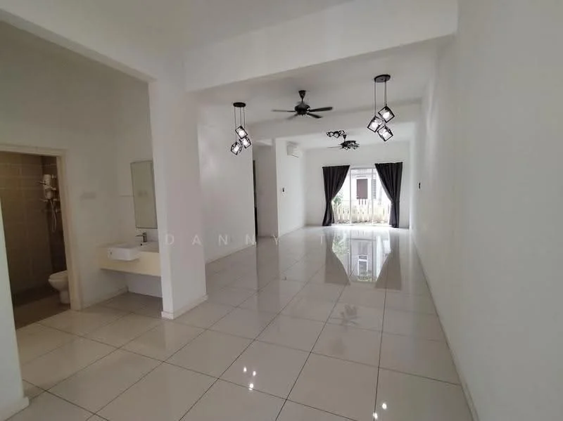 Living features: white painted walls, glossy ceramic tile flooring, 5-blade ceiling fan with light, recessed downlights, hanging pendant lights, large windows with sheer curtains, open layout, air conditioning unit; style: modern; view: garden. Bathroom features: white tiled walls, ceramic tile flooring, single-sink vanity, toilet, shower area.