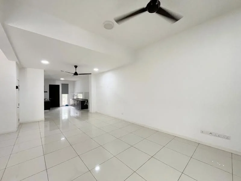 Living features: white painted walls, glossy ceramic tile flooring, 2 ceiling fans, recessed downlights, open layout, large windows, neutral color palette, no visible furniture; style: modern. Room features: white painted walls, glossy ceramic tile flooring, open layout, no visible furniture.