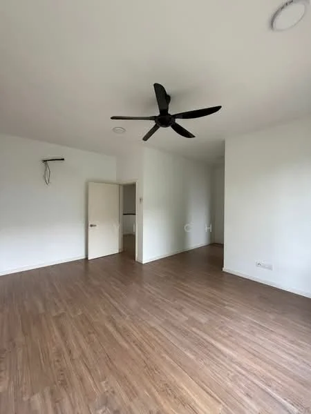 Room features: light brown laminate flooring, white painted walls, 5-blade ceiling fan, recessed downlights, door leading to another room, wall-mounted electrical outlet, no visible furniture or decor; style: modern.