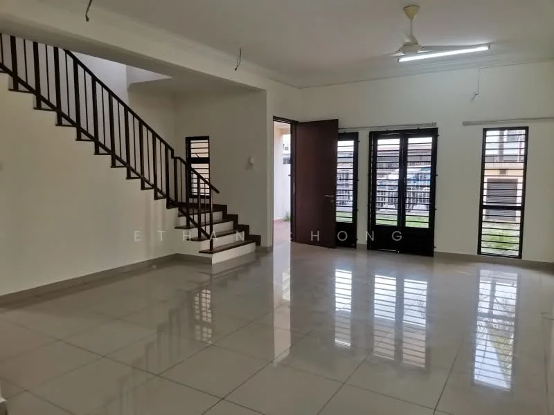 Living features: white painted walls, glossy ceramic tile flooring, ceiling fan, large windows with black grills, double-door entrance, staircase with wooden railing, natural light from windows, open layout; style: modern; view: garden.