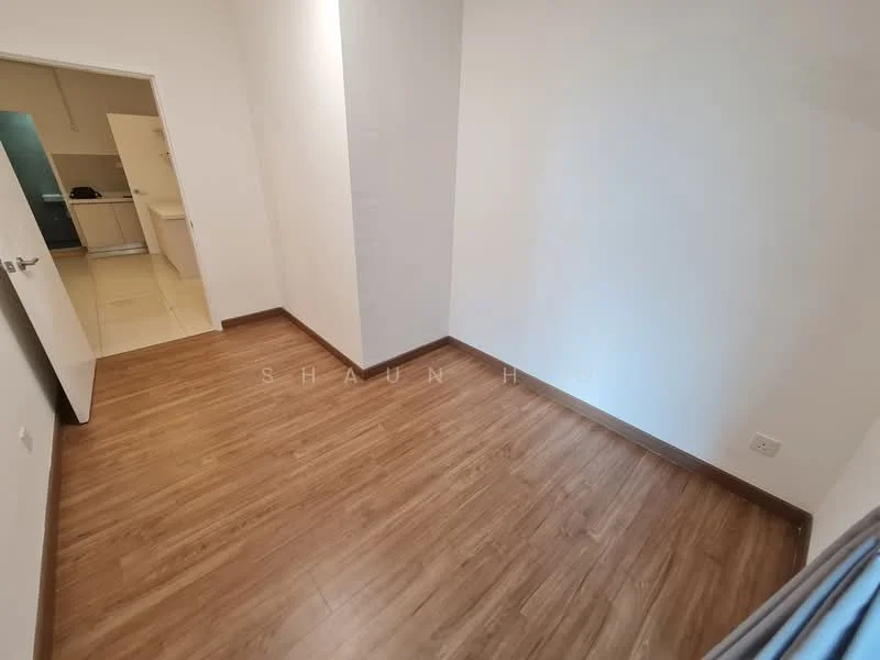 Room features: laminate flooring, white painted walls, one door leading to another room, natural light from window, corner of the room, minimal decor.