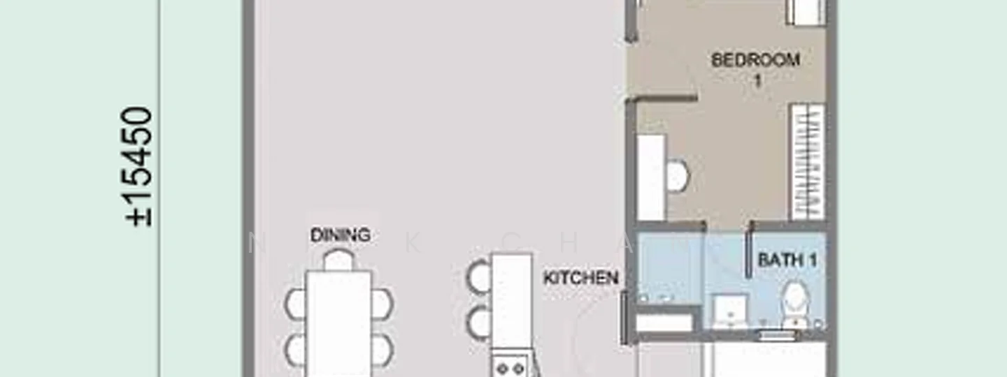 Floor plan: 1-bedroom 1-bathroom unit; features: open-plan kitchen-dining, bedroom 1, bathroom 1, utility area.