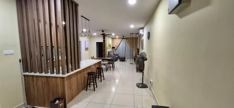 Living features: white painted walls, cream tiled flooring, recessed downlights, ceiling fan, wooden feature wall, bar counter with stools, open layout, dining area, large window with curtains, sofa, decorative wall art; style: modern.