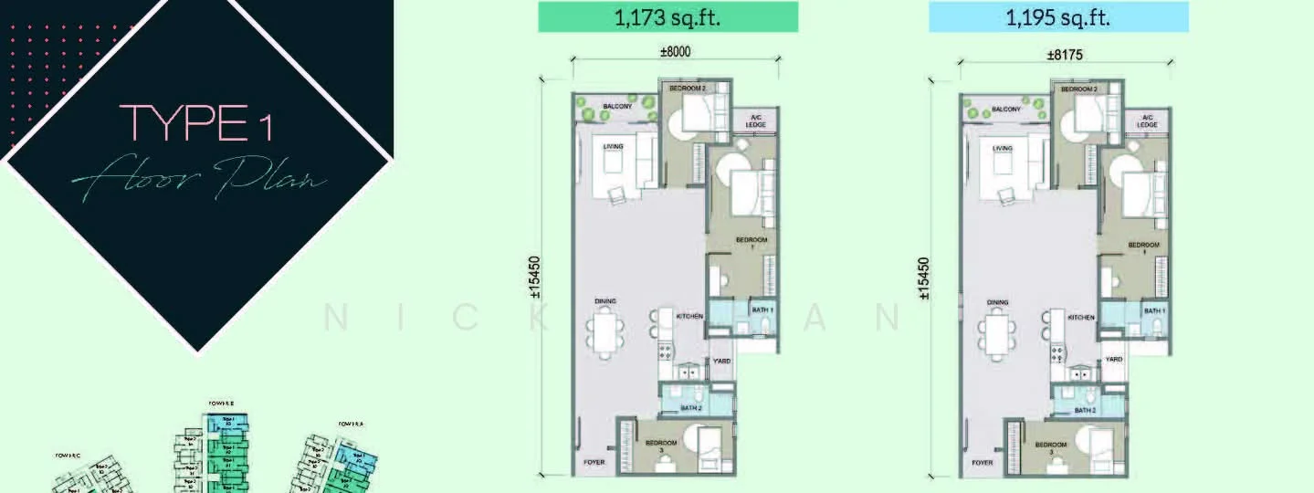 Floor plan: 3-bedroom 2-bathroom unit; features: open-plan kitchen-dining-living, master bedroom with ensuite bathroom, bedroom 2 with shared bathroom, utility room, balcony off living room, private terrace, central foyer, 1 car porch, 1,173 sqft built-up, 1,195 sqft total.