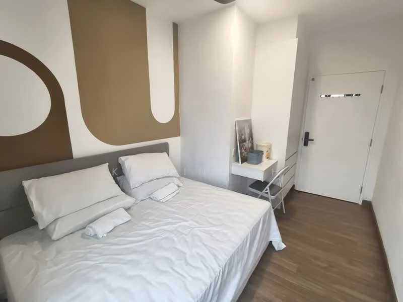 Bedroom features: queen-size bed with white bedding, decorative wall with brown abstract design, light wood flooring, white painted walls, built-in wardrobe, small desk with chair, door with security lock, window with no visible treatment; style: modern.