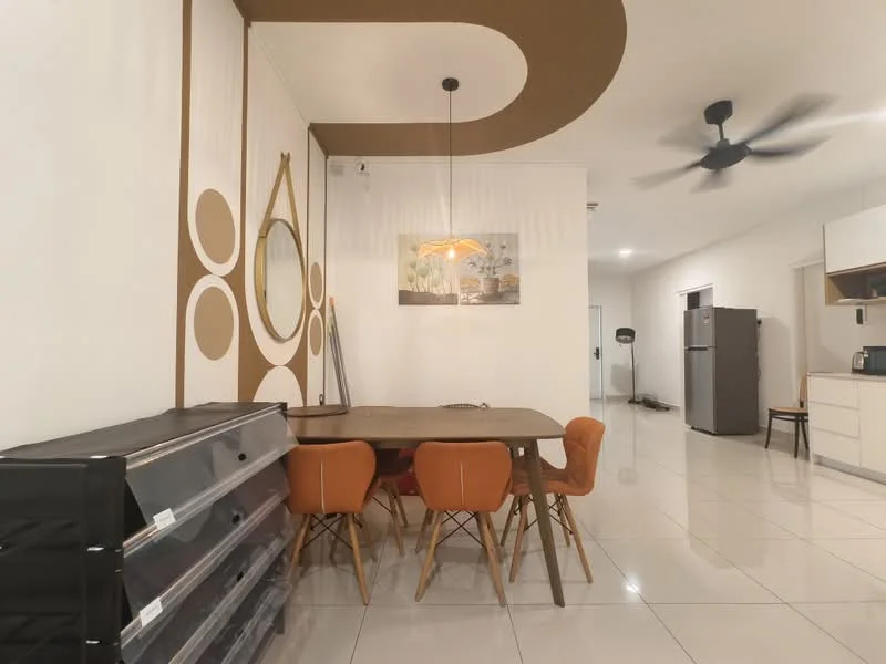Dining features: dining table with 6 chairs, pendant light fixture, ceiling fan, white painted walls, decorative wall with brown accents, large round mirror, glossy tile flooring, refrigerator, kitchen cabinetry visible in background; style: modern.