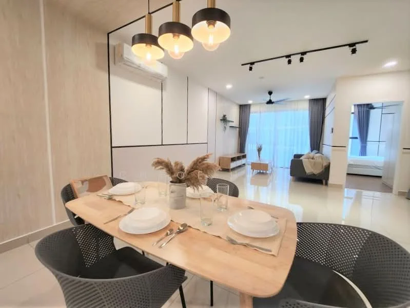 Dining features: round wooden dining table, 4 grey plastic dining chairs, table setting with plates and glasses, pendant lighting with 5 bulbs, air conditioning unit on wall, light-coloured wooden wall paneling, white walls, glossy tiled flooring; style: modern. Living features: sofa in grey fabric, TV console, floor-to-ceiling windows with sheer curtains, wooden shelving unit, recessed ceiling lights, ceiling fan; style: modern.