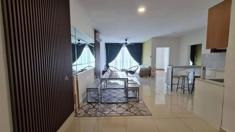 Living features: white painted walls, glossy tile flooring, 5-blade ceiling fan with light, floor-to-ceiling windows, sheer curtains, dark wood accent wall, rectangular dining table with glass top, 4 dining chairs, area rug with geometric pattern, TV console, wall-mounted TV, open layout to kitchen, decorative mirror; style: modern; view: city.