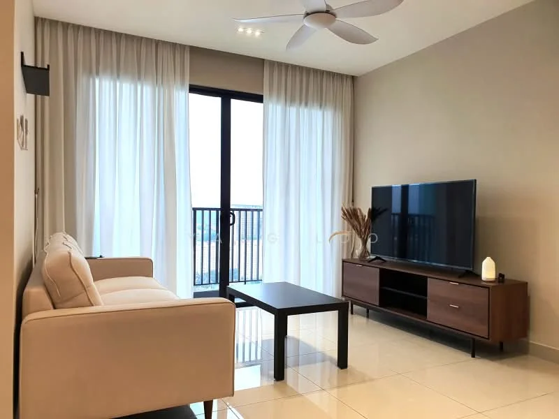 Living features: 3-seater fabric sofa in beige, coffee table with black surface, TV console in wood with storage, wall-mounted flat-screen TV, floor-to-ceiling windows, sheer curtains, sliding glass door to balcony, ceiling fan with light, polished tile flooring, decorative wall art, light-colored painted walls; style: modern; view: city.