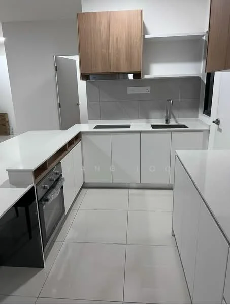 Kitchen features: white cabinetry with flat-panel design, wooden upper cabinets, quartz countertop, double-bowl stainless-steel sink, chrome pull-down faucet, built-in oven, 4-burner gas hob, ceramic tile flooring, grey tile backsplash, recessed downlights, floor-to-ceiling windows, open shelving; style: modern.