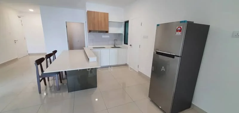 Kitchen features: white cabinets, wooden upper cabinets, grey countertop, stainless-steel fridge, built-in oven, single-bowl stainless-steel sink, chrome pull-down faucet, ceramic tile flooring, recessed downlights, open shelving, 4-seater dining table, black dining chairs; style: modern.