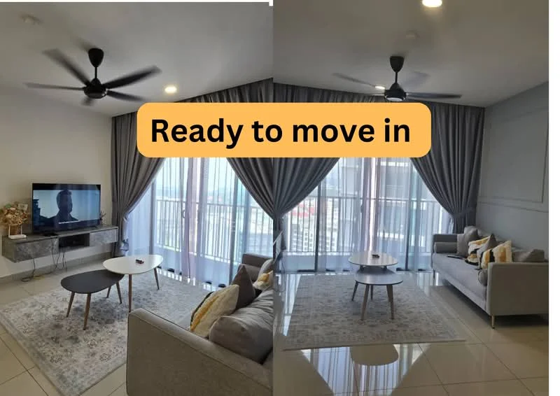 Living features: 3-seater fabric sofa in grey, 2-seater fabric sofa in beige, coffee table with wooden legs, area rug with geometric pattern, wall-mounted TV, TV console with storage, floor-to-ceiling windows, sheer curtains, 5-blade ceiling fan with light, decorative cushions, wall with paneling, light-colored tiled flooring; style: modern; view: city.