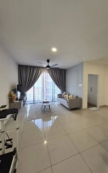 Living features: 3-seater fabric sofa in light grey, coffee table with round top, TV console, wall-mounted TV, area rug, 5-blade ceiling fan with light, floor-to-ceiling windows, sheer curtains, grey accent wall, polished tile flooring, decorative throw pillows, decorative plants; style: modern; view: city.