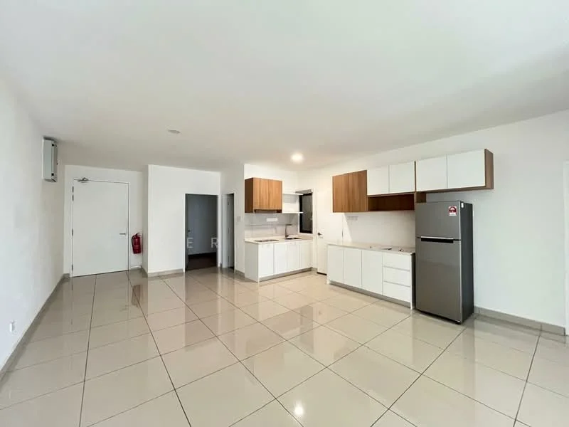 Kitchen features: white cabinets, wooden upper cabinets, stainless-steel fridge, built-in oven, ceramic tile flooring, white countertop, single-bowl stainless-steel sink, chrome pull-down faucet, open layout, recessed downlights, neutral wall color, large windows for natural light; style: modern. Living features: ceramic tile flooring, neutral wall color, recessed downlights, open layout, large space for furniture arrangement; style: modern.