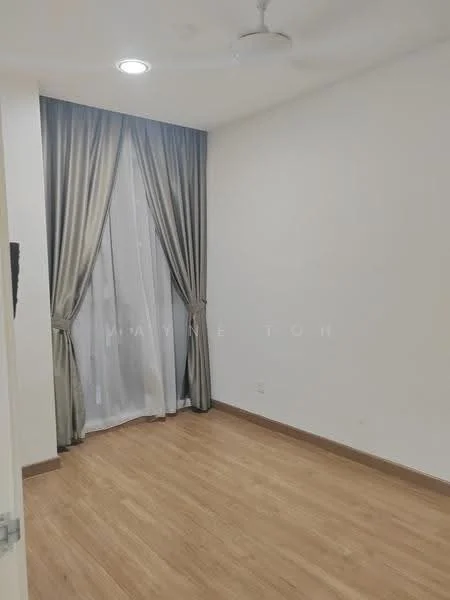 Room features: white painted walls, wooden flooring, ceiling fan, floor-to-ceiling windows with sheer curtains, curtains in grey fabric, light fixture, baseboard, no visible furniture; style: modern.