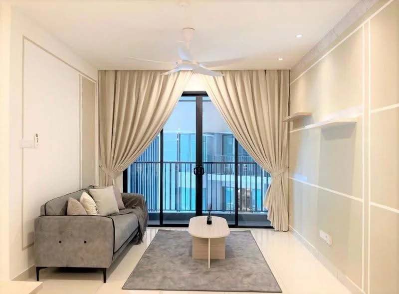 Living features: grey fabric sofa, round coffee table, area rug with geometric pattern, floor-to-ceiling windows, sheer curtains, ceiling fan with light, wall-mounted shelf, white painted walls, light-colored flooring, balcony view; style: modern; view: city.
