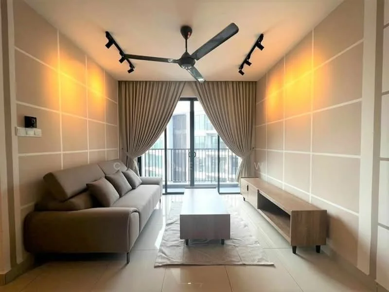 Living features: 3-seater fabric sofa in beige, coffee table, TV console, floor-to-ceiling windows, curtains, 5-blade ceiling fan with light, recessed LED downlights, cream painted walls, tile flooring, area rug; style: modern.