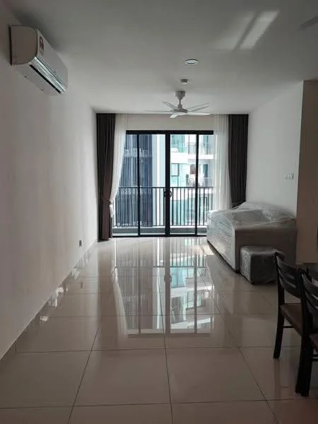 Living features: glossy ceramic tile flooring, white painted walls, recessed downlights, 5-blade ceiling fan, floor-to-ceiling sliding glass door, sheer curtains, balcony view, sofa covered in plastic, dining table with chairs, wall-mounted split AC; style: modern; view: city.