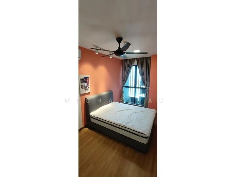 Bedroom features: queen-size bed, upholstered headboard, 5-blade ceiling fan with light, wooden flooring, orange accent wall, white walls, floor-to-ceiling window, sheer curtains; style: modern; view: city.