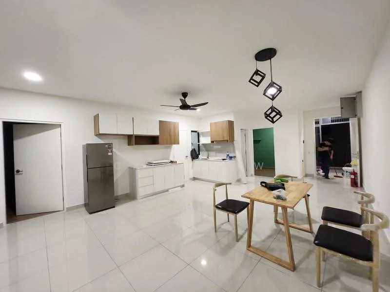 Living features: white painted walls, glossy ceramic tile flooring, 5-blade ceiling fan with light, dining table with wooden legs, 4 dining chairs with black upholstery, stainless-steel fridge, kitchen cabinetry with wood and white finishes, open kitchen layout, recessed lighting, sliding door to hallway; style: modern.