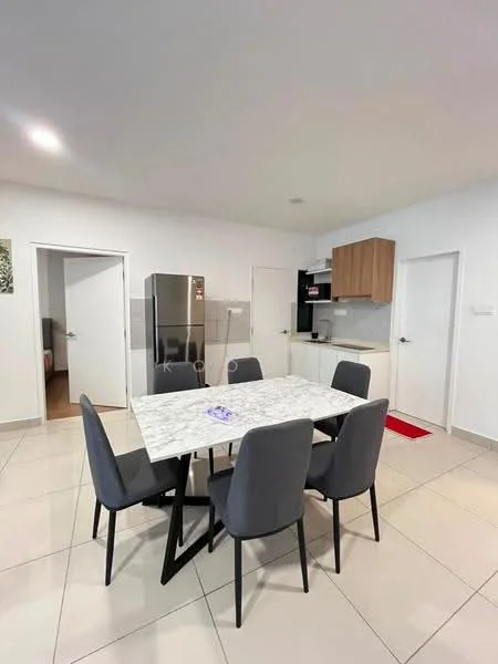 Dining features: marble dining table, 6 upholstered dining chairs in grey, white painted walls, tile flooring, refrigerator, kitchen cabinetry, built-in oven, microwave, doorway to other rooms; style: modern.