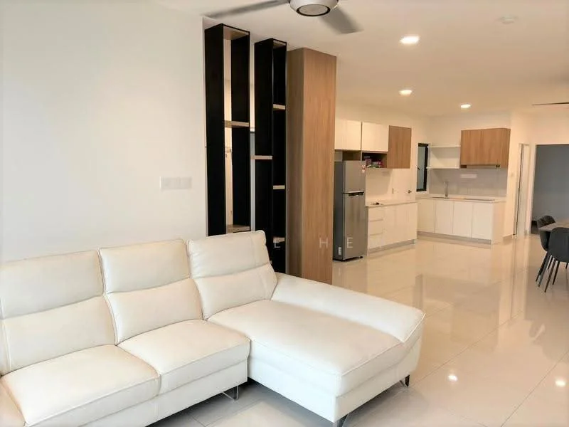 Living features: L-shape sectional sofa in white leather, coffee table, wall-mounted TV, built-in shelving unit with black and wood finish, white cabinetry, stainless-steel fridge, ceramic tile flooring, recessed downlights, ceiling fan, open-plan layout with kitchen, dining area visible in background; style: modern.