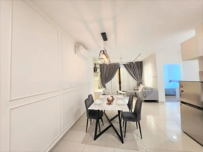 Dining features: white painted walls, marble dining table, 4 upholstered dining chairs in grey, recessed downlights, 1 pendant light, air conditioning unit, grey area rug, decorative centerpiece on table; style: modern. Living features: sofa in light grey, floor-to-ceiling curtains, large window with sheer curtains, light-colored flooring, decorative pillows; style: modern.