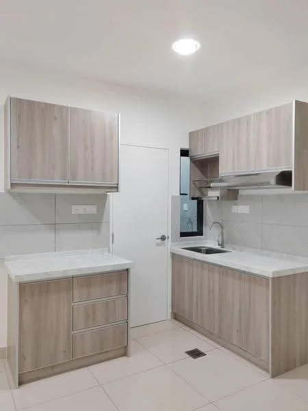 Kitchen features: light wood cabinetry, white marble countertop, stainless-steel sink, chrome pull-down faucet, built-in range hood, white tiled backsplash, drawer storage, open shelving, tile flooring, recessed ceiling lights, single door, window for natural light; style: modern.