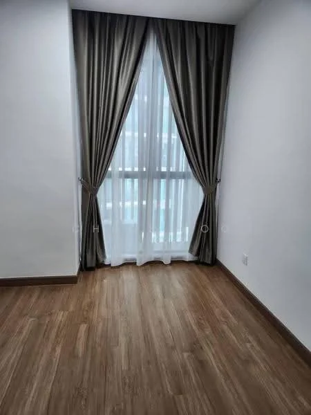 Room features: white painted walls, wooden flooring, floor-to-ceiling windows, sheer curtains, dark grey curtains, natural light, neutral color palette; style: modern; view: city.