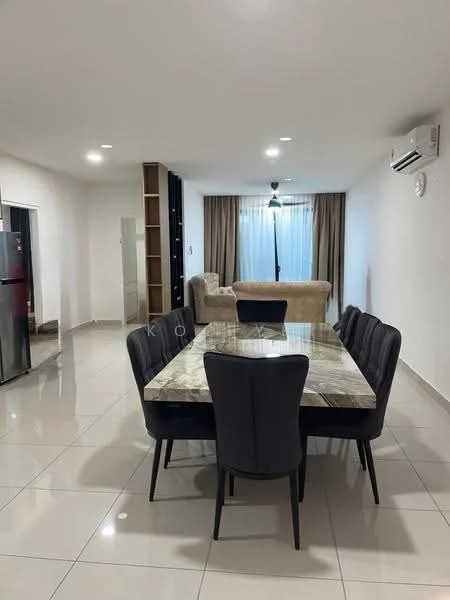 Dining features: marble dining table, 6 upholstered dining chairs in dark fabric, white painted walls, glossy ceramic tile flooring, recessed downlights, floor-to-ceiling window with sheer curtains, air conditioning unit on wall, open shelving unit, fridge visible in adjacent room; style: modern.