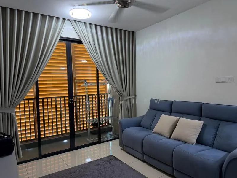 Living features: 3-seater fabric sofa in blue, decorative cushions, area rug with geometric pattern, floor-to-ceiling windows, sliding glass door, sheer curtains, blackout curtains, ceiling fan, recessed downlights, light-colored painted walls, glossy tile flooring; style: modern.