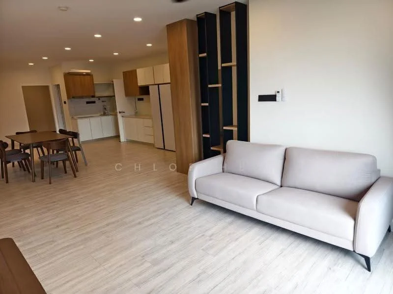 Living features: light wood laminate flooring, white painted walls, recessed downlights, 3-seater fabric sofa in light grey, dining table with 4 chairs, built-in shelving unit, open-plan layout with kitchen, floor-to-ceiling windows, air conditioning unit; style: modern. Kitchen features: white cabinetry, stainless-steel fridge, built-in oven, ceramic cooktop, white tile backsplash, single-bowl stainless-steel sink, chrome pull-down faucet, open shelving, countertop space; style: modern.