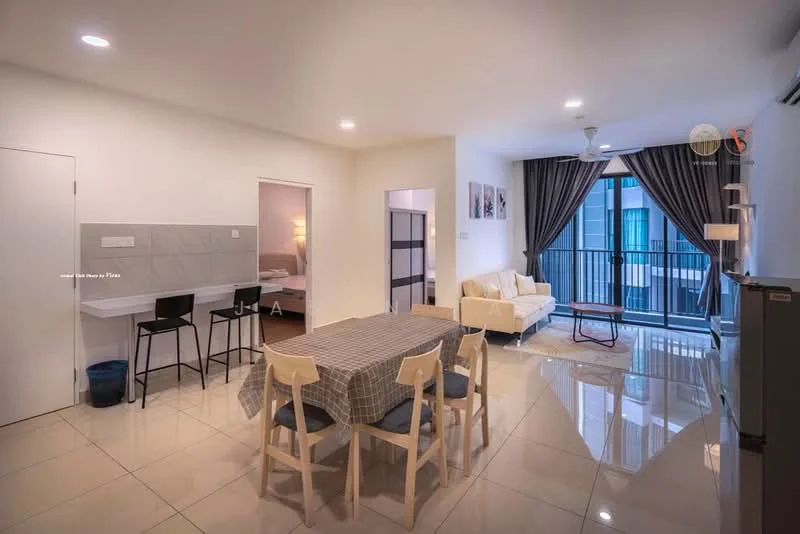 Living features: cream painted walls, glossy tile flooring, 5-blade ceiling fan with light, sofa in white fabric, coffee table in wood, dining table with 4 chairs, floor-to-ceiling windows, curtains in grey, wall-mounted TV, decorative wall art; style: modern; view: city. Room features: white painted walls, glossy tile flooring, door leading to another room.