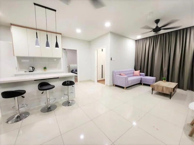 Living features: white painted walls, grey tiled flooring, ceiling fan with light, sofa in lavender, coffee table, bar counter with three black stools, pendant lighting above bar counter, curtains in dark grey, decorative plant on coffee table; style: modern.