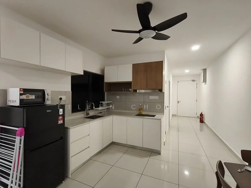 Kitchen features: white cabinetry, wood accent cabinetry, grey countertop, stainless-steel sink, chrome pull-down faucet, built-in stove, built-in oven, microwave, black refrigerator, 5-blade ceiling fan with light, wall-mounted cabinets, tile flooring, backlit wall, open shelving; style: modern.
