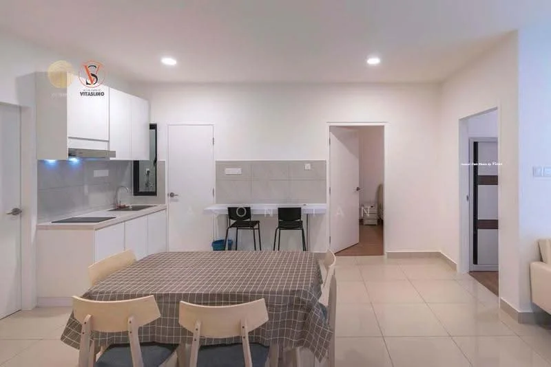 Dining features: rectangular dining table with checkered tablecloth, 4 wooden dining chairs, white cabinetry, stainless-steel sink, built-in oven, ceramic tile flooring, white walls, recessed downlights, open-plan layout, kitchenette area with countertop, doorway leading to another room; style: modern. Room features: doorway leading to bathroom, doorway leading to hallway.