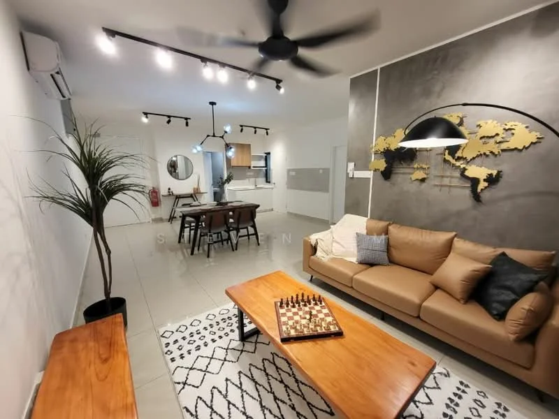 Living features: 3-seater leather sofa in beige, wooden coffee table, area rug with geometric pattern, chessboard on coffee table, floor-to-ceiling windows, 5-blade ceiling fan with light, recessed LED downlights, decorative wall with world map, potted plant, grey accent wall, tile flooring; style: modern. Kitchen features: open-plan layout, kitchen island, stainless-steel appliances, wood cabinetry, white countertops; style: modern.