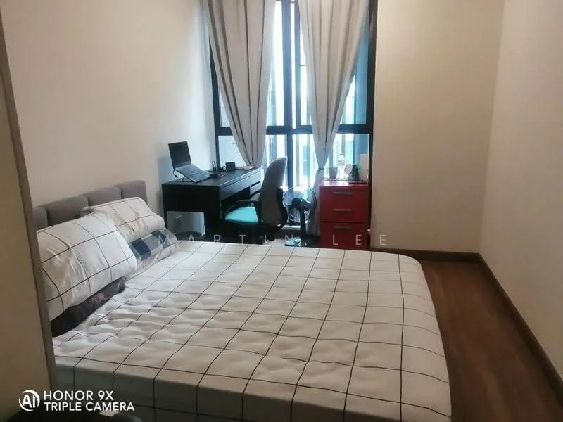 Bedroom features: queen-size bed with checkered bedding, wooden flooring, white painted walls, floor-to-ceiling windows, curtains, study desk, office chair, red bedside table, lamp on bedside table; style: modern.