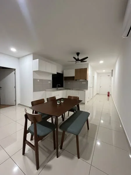 Dining features: wooden dining table, 4 wooden dining chairs, grey upholstered seat cushions, white painted walls, glossy ceramic tile flooring, recessed LED downlights, ceiling fan, open-plan layout to kitchen, kitchen cabinetry in white and wood, black countertop, built-in appliances visible; style: modern. Kitchen features: white cabinetry, black countertop, built-in oven, microwave, stainless-steel sink, single-bowl stainless-steel sink, chrome pull-down faucet, ceramic tile backsplash; style: modern.