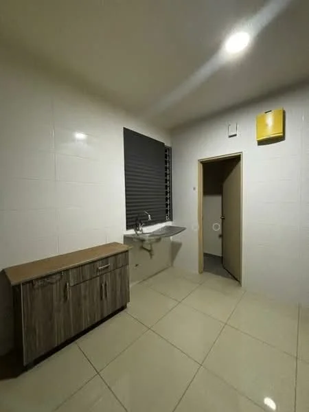 Laundry features: white tiled walls, cream tiled flooring, single-bowl stainless-steel sink, wooden cabinet with drawers, black roller blinds, door leading to another room, overhead wall-mounted storage, recessed LED downlights; style: modern.