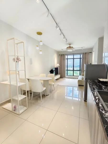 Living features: white painted walls, glossy tile flooring, recessed downlights, 5-blade ceiling fan with light, large window with city view, light-colored curtains, TV console, sofa, dining table with white chairs, decorative shelving unit; style: modern; view: city.